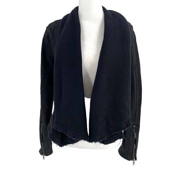 Free People Cropped Moto Drape Front Coated Denim Open Biker Jacket Black size 2 - Picture 1 of 10